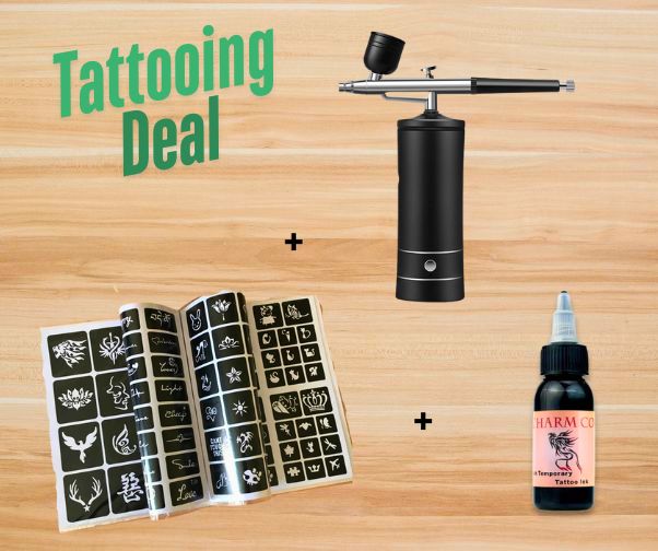 Tattooing Deal: Airbrush Spray Gun with Stencil Book & 30ml Ink